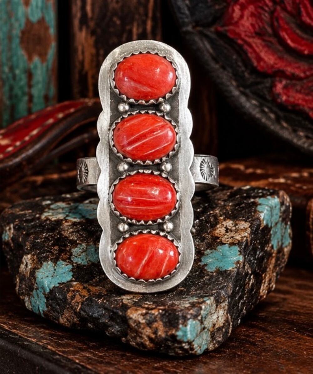 Bold Red Spiny Southwestern Statement Crawler Ring – Sterling Silver